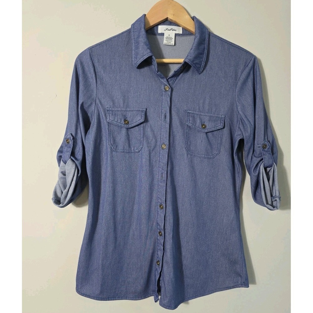LovePotion Women Button Shirt Blue Stretch Roll Tab Sleeve Casual Small
